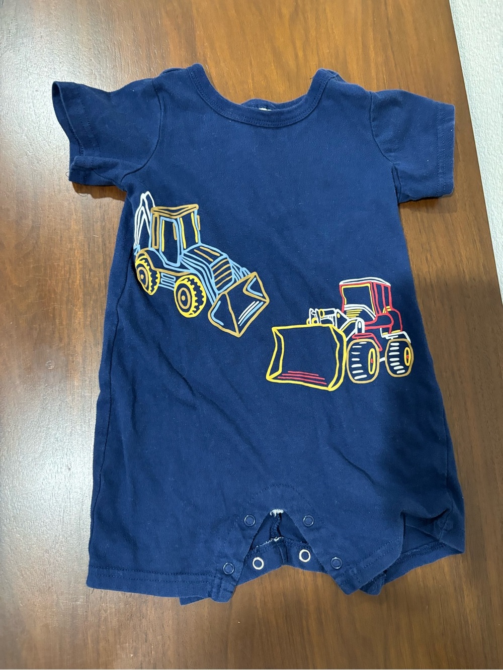 First Impressions Navy Romper with Yellow & Red Truck Outlines